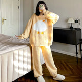 DERMEARNE Winter Cute Duck Flannel Pajamas Set for Women Casual Fashion Home Clothes Velvet O-Neck Home Clothing Comfortable Pijamas Set