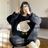 DERMEARNE Winter Cute Duck Flannel Pajamas Set for Women Casual Fashion Home Clothes Velvet O-Neck Home Clothing Comfortable Pijamas Set