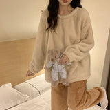 DERMEARNE Winter Fleece Women Pajamas Set  Sleepwear Solid Velvet 2 Piece Pant Home Suit Fluffy Casual Warm Flannel Night Wear