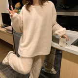 DERMEARNE Winter Fleece Women Pajamas Set  Sleepwear Solid Velvet 2 Piece Pant Home Suit Fluffy Casual Warm Flannel Night Wear