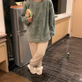 DERMEARNE Winter Fleece Women Pajamas Set  Sleepwear Solid Velvet 2 Piece Pant Home Suit Fluffy Casual Warm Flannel Night Wear