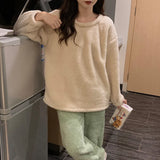 DERMEARNE Winter Fleece Women Pajamas Set  Sleepwear Solid Velvet 2 Piece Pant Home Suit Fluffy Casual Warm Flannel Night Wear
