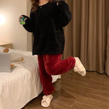 DERMEARNE Winter Fleece Women Pajamas Set  Sleepwear Solid Velvet 2 Piece Pant Home Suit Fluffy Casual Warm Flannel Night Wear