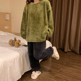 DERMEARNE Winter Fleece Women Pajamas Set  Sleepwear Solid Velvet 2 Piece Pant Home Suit Fluffy Casual Warm Flannel Night Wear