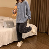 DERMEARNE Winter Fleece Women Pajamas Set  Sleepwear Solid Velvet 2 Piece Pant Home Suit Fluffy Casual Warm Flannel Night Wear