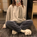 DERMEARNE Winter Fleece Women Pajamas Set  Sleepwear Solid Velvet 2 Piece Pant Home Suit Fluffy Casual Warm Flannel Night Wear
