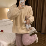 DERMEARNE Winter Fleece Women Pajamas Set  Sleepwear Solid Velvet 2 Piece Pant Home Suit Fluffy Casual Warm Flannel Night Wear