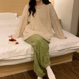 DERMEARNE Winter Fleece Women Pajamas Set  Sleepwear Solid Velvet 2 Piece Pant Home Suit Fluffy Casual Warm Flannel Night Wear
