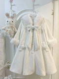 DERMEARNE Winter Sweet Fashion Solid Long Style Overcoat Women Design Kawaii Bow Long Sleeve Coat Female High Street Lolita Warm Overcoat