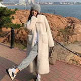 DERMEARNE Winter Warm Faux Mink Fur Long Coats Women Korean Thicken Cotton Padded Lined Jackets Single Breasted Loose Outerwear Chaquetas