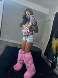 DERMEARNE Winter Women Snow Boots Faux Fur Long Boots Warm Plush Platform Knee-high Boot Outdoor Furry Cute Over-the-knee Boots Girls Y2K