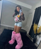 DERMEARNE Winter Women Snow Boots Faux Fur Long Boots Warm Plush Platform Knee-high Boot Outdoor Furry Cute Over-the-knee Boots Girls Y2K