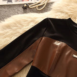DERMEARNE Woman Clothing Pu Stitching Long-sleeved T-shirt Female Design Sense Autumn Spice Girl Short Leather Top Bottoming Shirt Inside