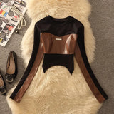 DERMEARNE Woman Clothing Pu Stitching Long-sleeved T-shirt Female Design Sense Autumn Spice Girl Short Leather Top Bottoming Shirt Inside