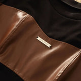 DERMEARNE Woman Clothing Pu Stitching Long-sleeved T-shirt Female Design Sense Autumn Spice Girl Short Leather Top Bottoming Shirt Inside