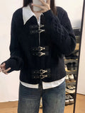 Dermearne Women Black Gothic Cardigan Knitted Sweater Harajuku Korean 90s Y2k Long Sleeves Jumper Sweaters Vintage Emo 2000s Clothes 2023