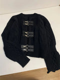 Dermearne Women Black Gothic Cardigan Knitted Sweater Harajuku Korean 90s Y2k Long Sleeves Jumper Sweaters Vintage Emo 2000s Clothes 2023