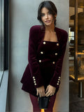DERMEARNE Women Burgundy Velvet Mini Skirt Set Fashion Square Neck Long Sleeves Buttons Tops Skirts 2pcs Suit 2025 New Lady Party Gown
