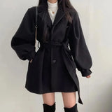 DERMEARNE Women Chic Lace Up Trench Coat Korean Fashion Elegant Button Lantern Sleeve Midi Jacket Loose Woolen Coat Female Autumn Winter