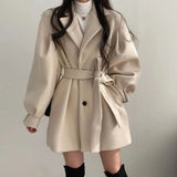 DERMEARNE Women Chic Lace Up Trench Coat Korean Fashion Elegant Button Lantern Sleeve Midi Jacket Loose Woolen Coat Female Autumn Winter