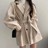 DERMEARNE Women Chic Lace Up Trench Coat Korean Fashion Elegant Button Lantern Sleeve Midi Jacket Loose Woolen Coat Female Autumn Winter
