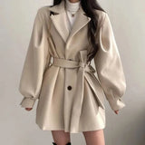 DERMEARNE Women Chic Lace Up Trench Coat Korean Fashion Elegant Button Lantern Sleeve Midi Jacket Loose Woolen Coat Female Autumn Winter