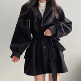 DERMEARNE Women Chic Lace Up Trench Coat Korean Fashion Elegant Button Lantern Sleeve Midi Jacket Loose Woolen Coat Female Autumn Winter