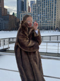 DERMEARNE Women Chic Luxury Faux Fur Overcoat Winter Retro Lapel Long Sleeve Pockets Jackets 2025 New Fluffy Warm Female High Street Coats