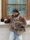 DERMEARNE Women Chic Luxury Faux Fur Overcoat Winter Retro Lapel Long Sleeve Pockets Jackets 2025 New Fluffy Warm Female High Street Coats