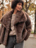 DERMEARNE Women Chic Luxury Faux Fur Overcoat Winter Retro Lapel Long Sleeve Pockets Jackets 2025 New Fluffy Warm Female High Street Coats