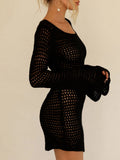DERMEARNE Women Crochet Knit Short Dress Hollow Out Backless Summer Beach Cover Up Dress Bikini Swimsuit Swimwear