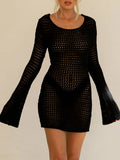 DERMEARNE Women Crochet Knit Short Dress Hollow Out Backless Summer Beach Cover Up Dress Bikini Swimsuit Swimwear