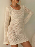 DERMEARNE Women Crochet Knit Short Dress Hollow Out Backless Summer Beach Cover Up Dress Bikini Swimsuit Swimwear