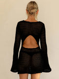 DERMEARNE Women Crochet Knit Short Dress Hollow Out Backless Summer Beach Cover Up Dress Bikini Swimsuit Swimwear