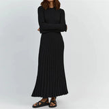 DERMEARNE Women Elegant Ribbed Knit Full Sleeve Maxi Dress Crew Neck Bodycon Pencil Long Dress Tie Waist Dress 90s Vintage Streetwear