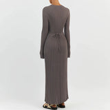DERMEARNE Women Elegant Ribbed Knit Full Sleeve Maxi Dress Crew Neck Bodycon Pencil Long Dress Tie Waist Dress 90s Vintage Streetwear