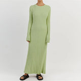 DERMEARNE Women Elegant Ribbed Knit Full Sleeve Maxi Dress Crew Neck Bodycon Pencil Long Dress Tie Waist Dress 90s Vintage Streetwear