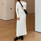 DERMEARNE Women Elegant Ribbed Knit Full Sleeve Maxi Dress Crew Neck Bodycon Pencil Long Dress Tie Waist Dress 90s Vintage Streetwear
