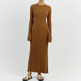 DERMEARNE Women Elegant Ribbed Knit Full Sleeve Maxi Dress Crew Neck Bodycon Pencil Long Dress Tie Waist Dress 90s Vintage Streetwear