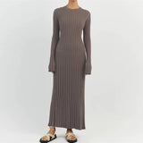 DERMEARNE Women Elegant Ribbed Knit Full Sleeve Maxi Dress Crew Neck Bodycon Pencil Long Dress Tie Waist Dress 90s Vintage Streetwear