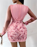 DERMEARNE Women Fashion Dress Fashion Floral Pattern Sheer Mesh Patch Long Sleeve V-Neck Elegant Party Dress