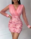 DERMEARNE Women Fashion Dress Fashion Floral Pattern Sheer Mesh Patch Long Sleeve V-Neck Elegant Party Dress