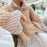 Women Fashion Gradual Sequin Knit Cardigan Elegant Loose Lantern Sleeves Zipper Sweater 2024 Autumn Winter Female Knitwear Tops