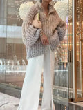 Women Fashion Gradual Sequin Knit Cardigan Elegant Loose Lantern Sleeves Zipper Sweater 2024 Autumn Winter Female Knitwear Tops