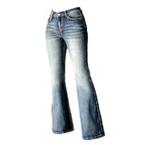 DERMEARNE Women Jeans High Waist Gradient Color Retro Denim Pants Slim Fit Full Length Flared Hem Zipper Button Closure Lady Long Trousers