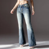 DERMEARNE Women Jeans High Waist Gradient Color Retro Denim Pants Slim Fit Full Length Flared Hem Zipper Button Closure Lady Long Trousers