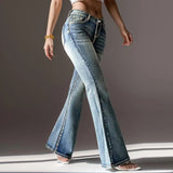 DERMEARNE Women Jeans High Waist Gradient Color Retro Denim Pants Slim Fit Full Length Flared Hem Zipper Button Closure Lady Long Trousers
