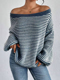 DERMEARNE Women Knit Sweaters 2025 Autumn New Female Casual Knitwear Loose Oversized Striped Lantern Sleeve Drop Shoulder Cozy Sweater