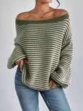 DERMEARNE Women Knit Sweaters 2025 Autumn New Female Casual Knitwear Loose Oversized Striped Lantern Sleeve Drop Shoulder Cozy Sweater