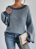 DERMEARNE Women Knit Sweaters 2025 Autumn New Female Casual Knitwear Loose Oversized Striped Lantern Sleeve Drop Shoulder Cozy Sweater